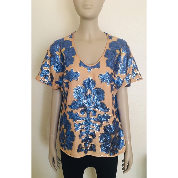 Tracy Reese Blue Sequin Top - Picture 1 of 8